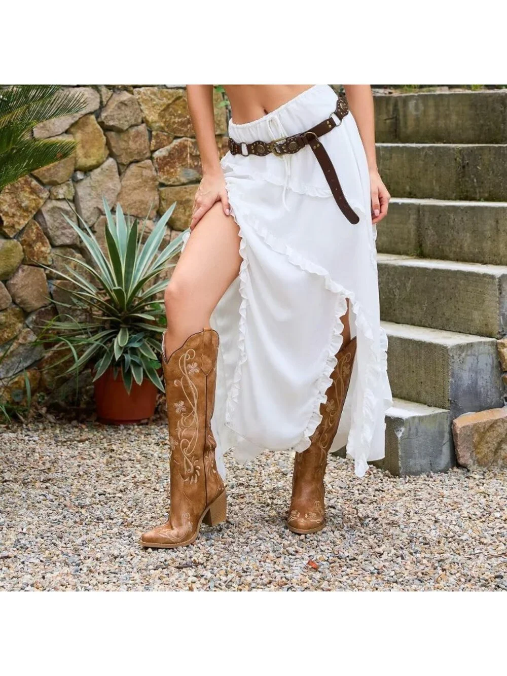 Women's Floral Brown Knee High Cowgirl Boots Embroidered Pointed Toe Chunky Heel